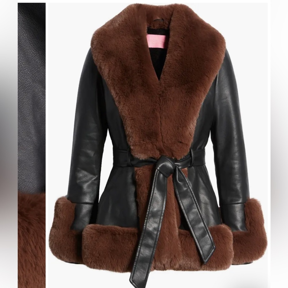 AZALEA WANG Faux Leather & Faux Fur Belted Coat